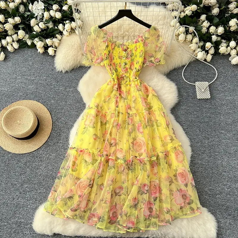 Women's Vintage French Mesh Dress Waist-Cinched Bubble Sleeve Sweet Floral Chiffon Dress