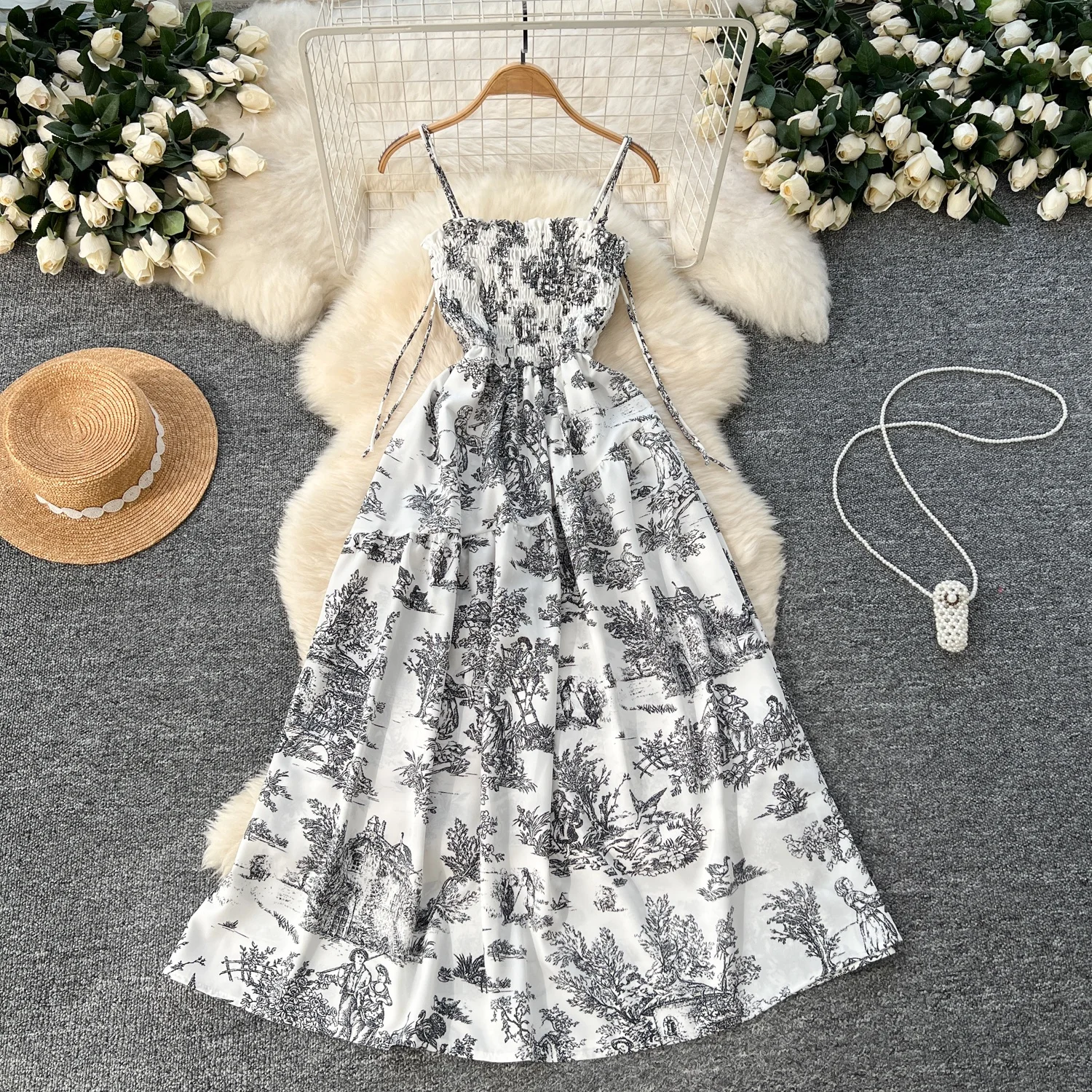 Sweet Elastic Pleated Waist Slimming Floral Women's Retro Fairy A-Line Midi Skirt