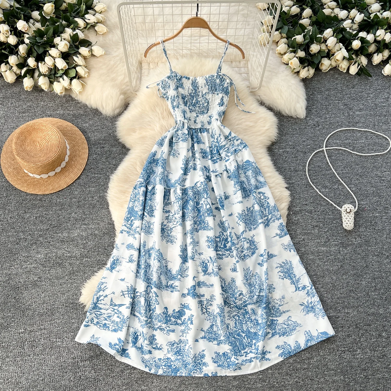 Sweet Elastic Pleated Waist Slimming Floral Women's Retro Fairy A-Line Midi Skirt