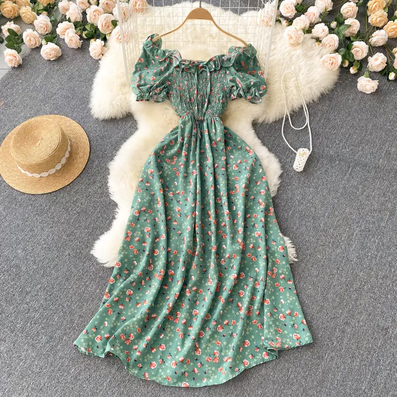 Summer French Vintage Floral Dress Elegant High-Wa...