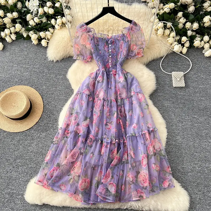 Women's Vintage French Mesh Dress Waist-Cinched Bubble Sleeve Sweet Floral Chiffon Dress