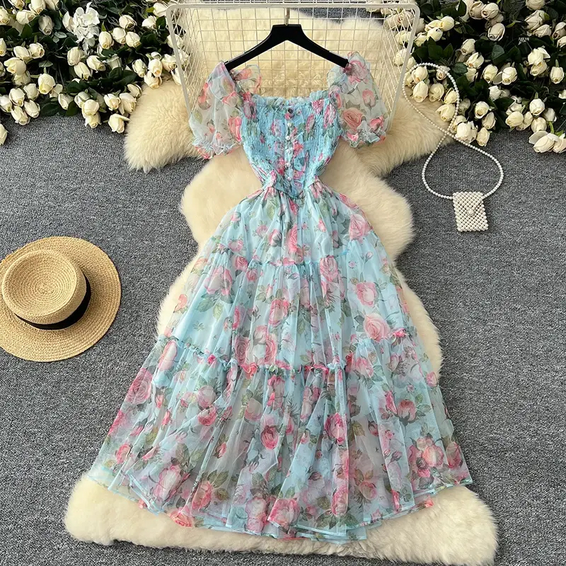 Women's Vintage French Mesh Dress Waist-Cinched Bubble Sleeve Sweet Floral Chiffon Dress