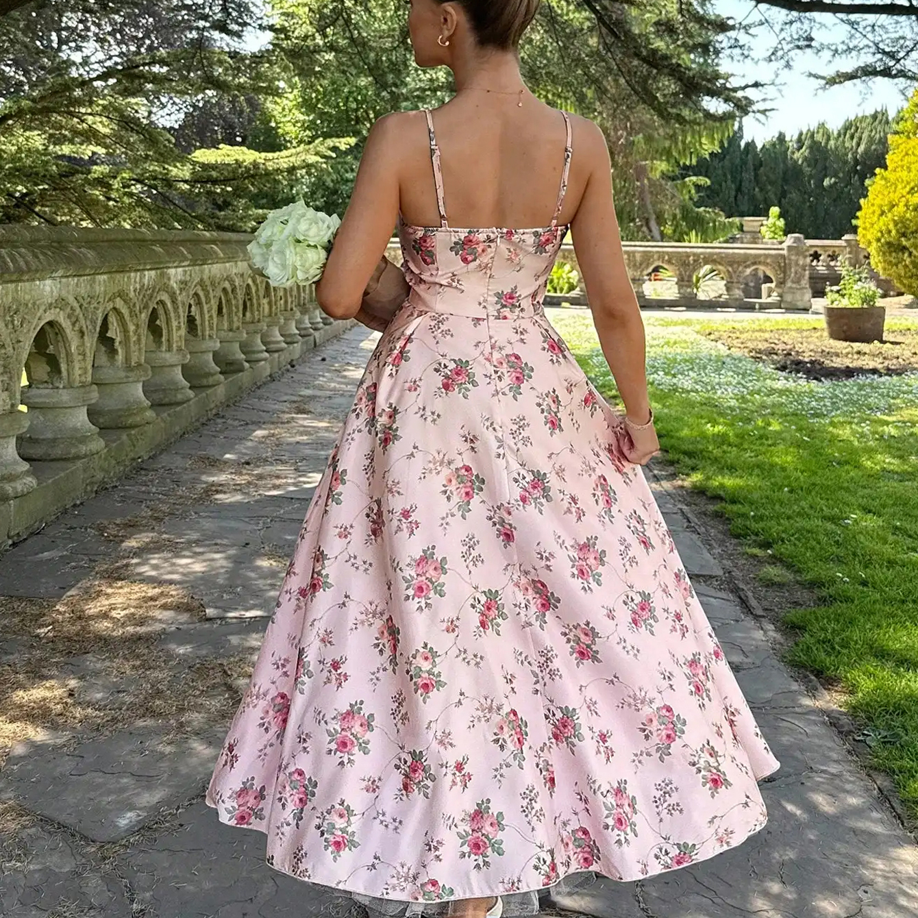 Women's Floral Print Lace French Sweet V-Neck Strap Long Pink Elegant Romantic Dress