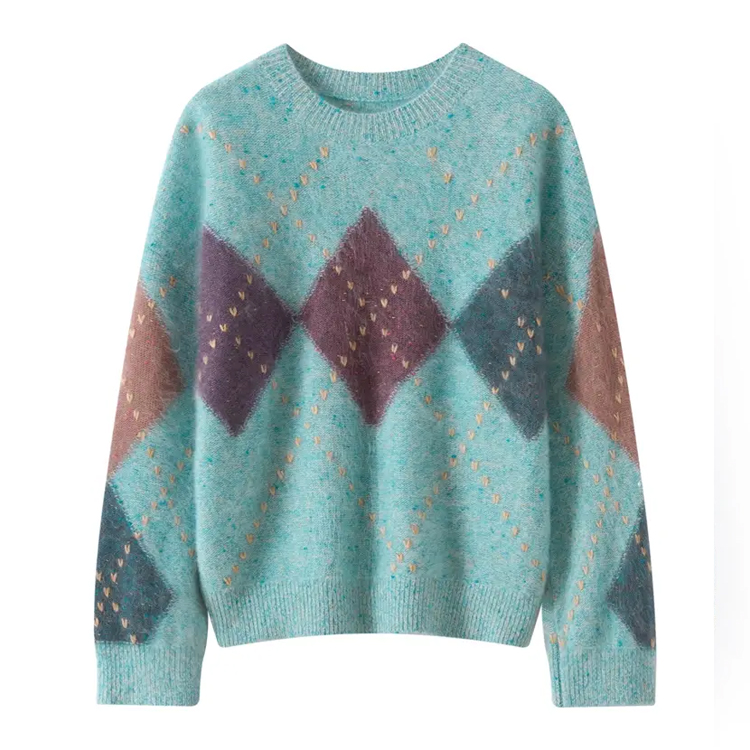 Women's Plush Thick Brushed Argyle O-Neck Cashmere Pullover Knitwear