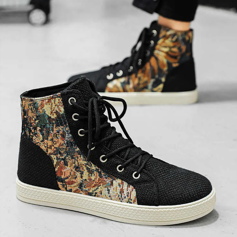 Men's High-Top Canvas Shoes Grass-Woven Board Style Casual Trend Shoes