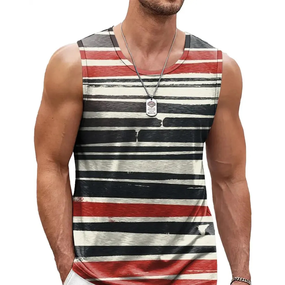 Simple Color Striped Tank Tops Men Sleeveless Casual Vest Crew Neck Breathable