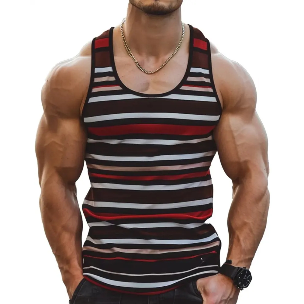 Retro Striped Graphic Tank Tops For Men Fashion Casual Sleeveless Vest Loose