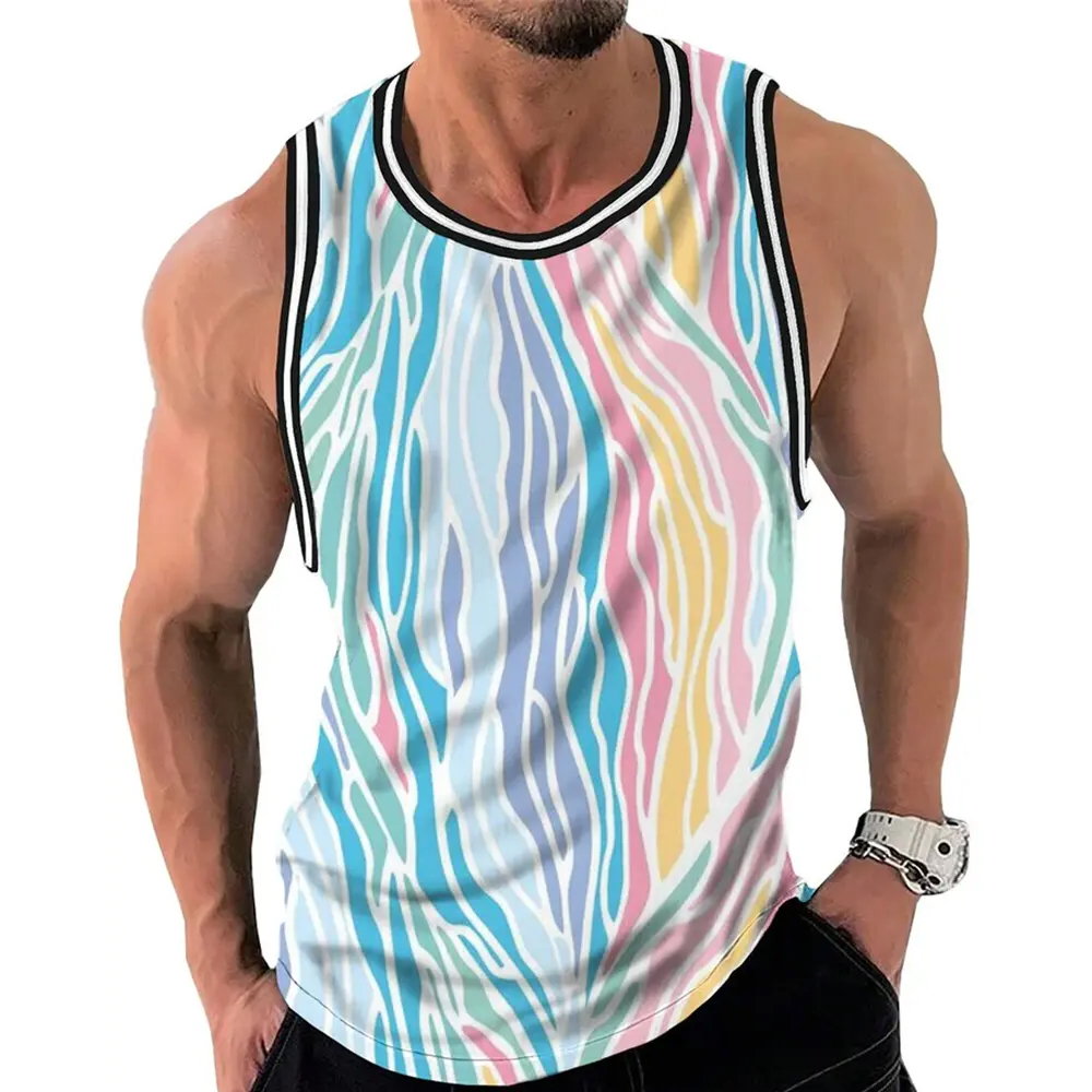 Simple Color Striped Tank Tops Men Sleeveless Casual Vest Crew Neck Breathable