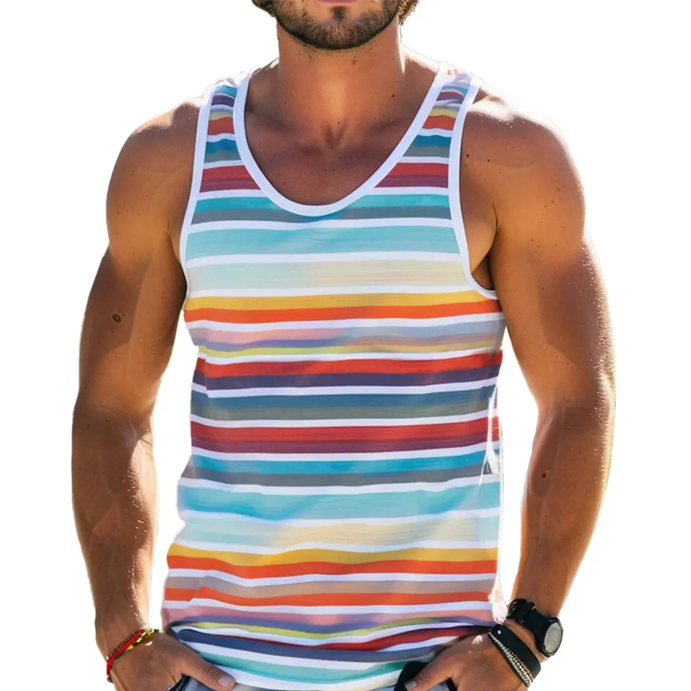 Simple Color Striped Tank Tops Men Sleeveless Casu...