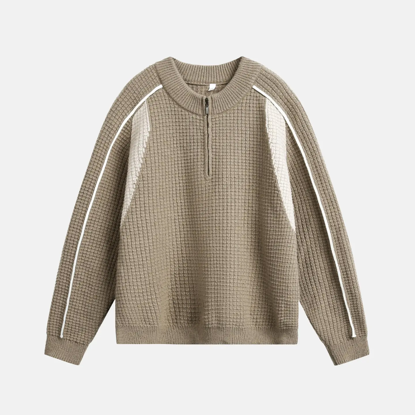 Color Block Pullover Half Zip Mid-Collar Sweater Grid Texture Warm Knitwear