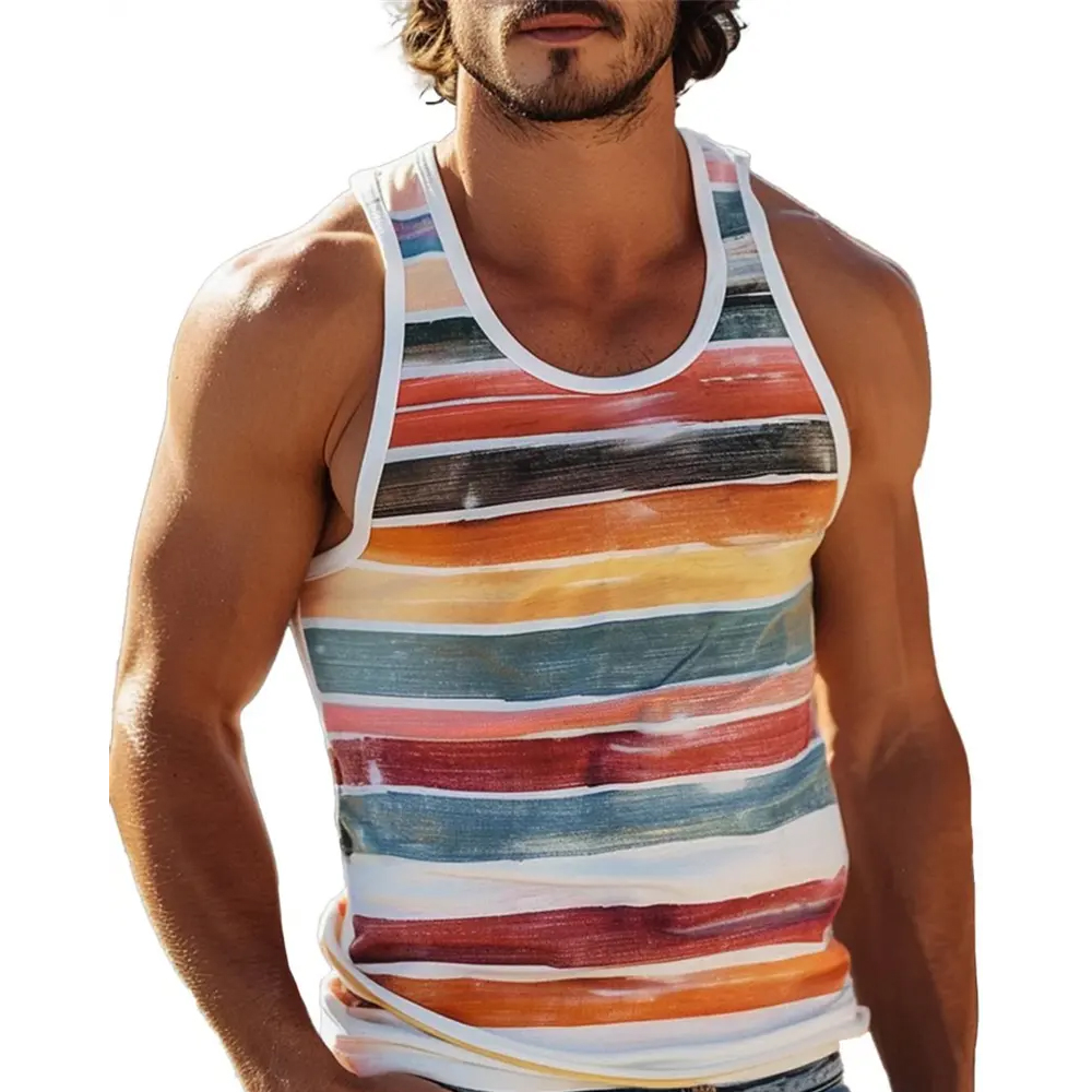 Simple Color Striped Tank Tops Men Sleeveless Casual Vest Crew Neck Breathable