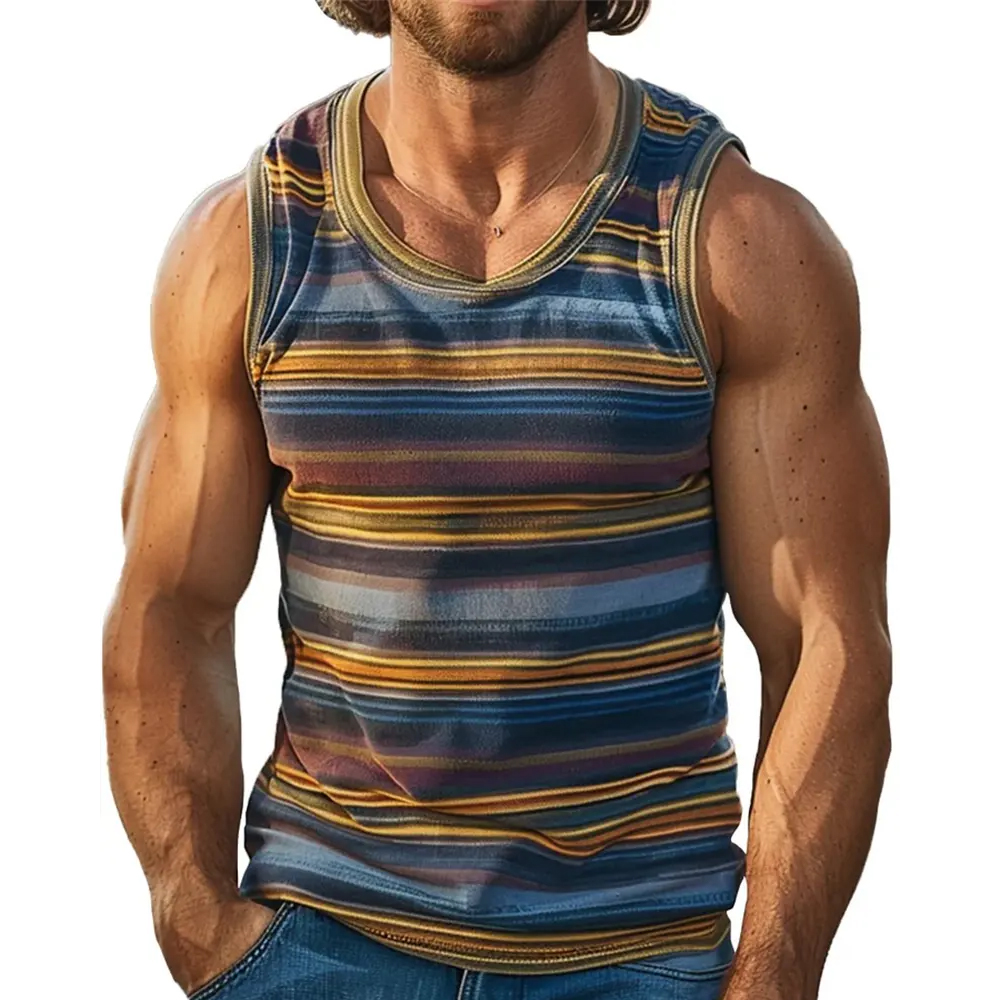Retro Striped Graphic Tank Tops For Men Fashion Ca...