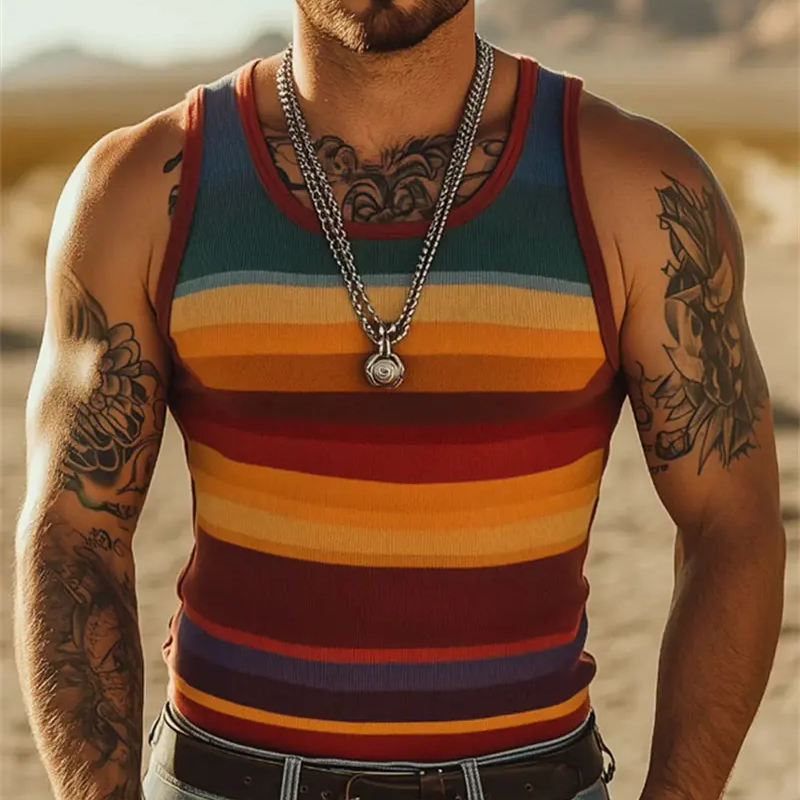 Retro Striped Graphic Tank Tops For Men Casual Dai...