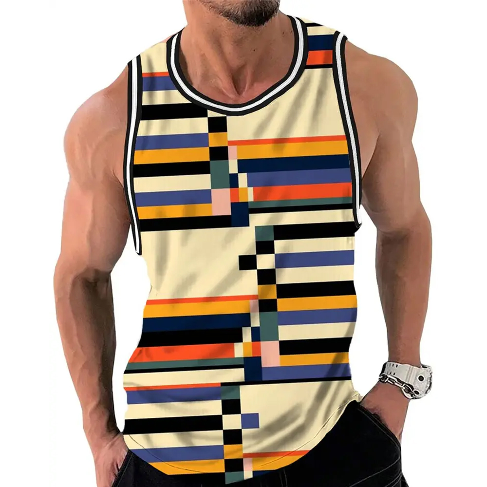 Men Retro Stripe Graphic Tank Tops Fashion Sleeveless Casual Vest Loose Quick Dry Breathable