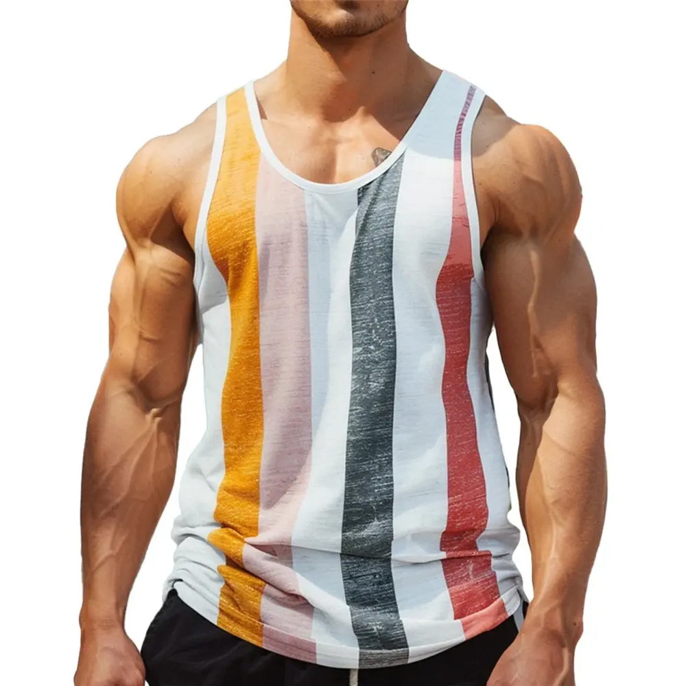 Men Retro Stripe Graphic Tank Tops Fashion Sleeveless Casual Vest Loose Quick Dry Breathable