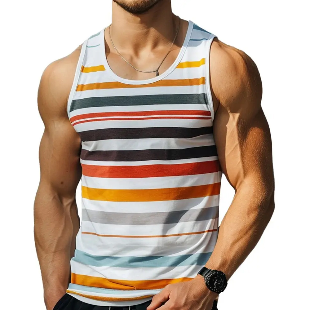 Color Splicing Tank Tops For Men Colorful Stripes Pattern Round Neck Vest Casual