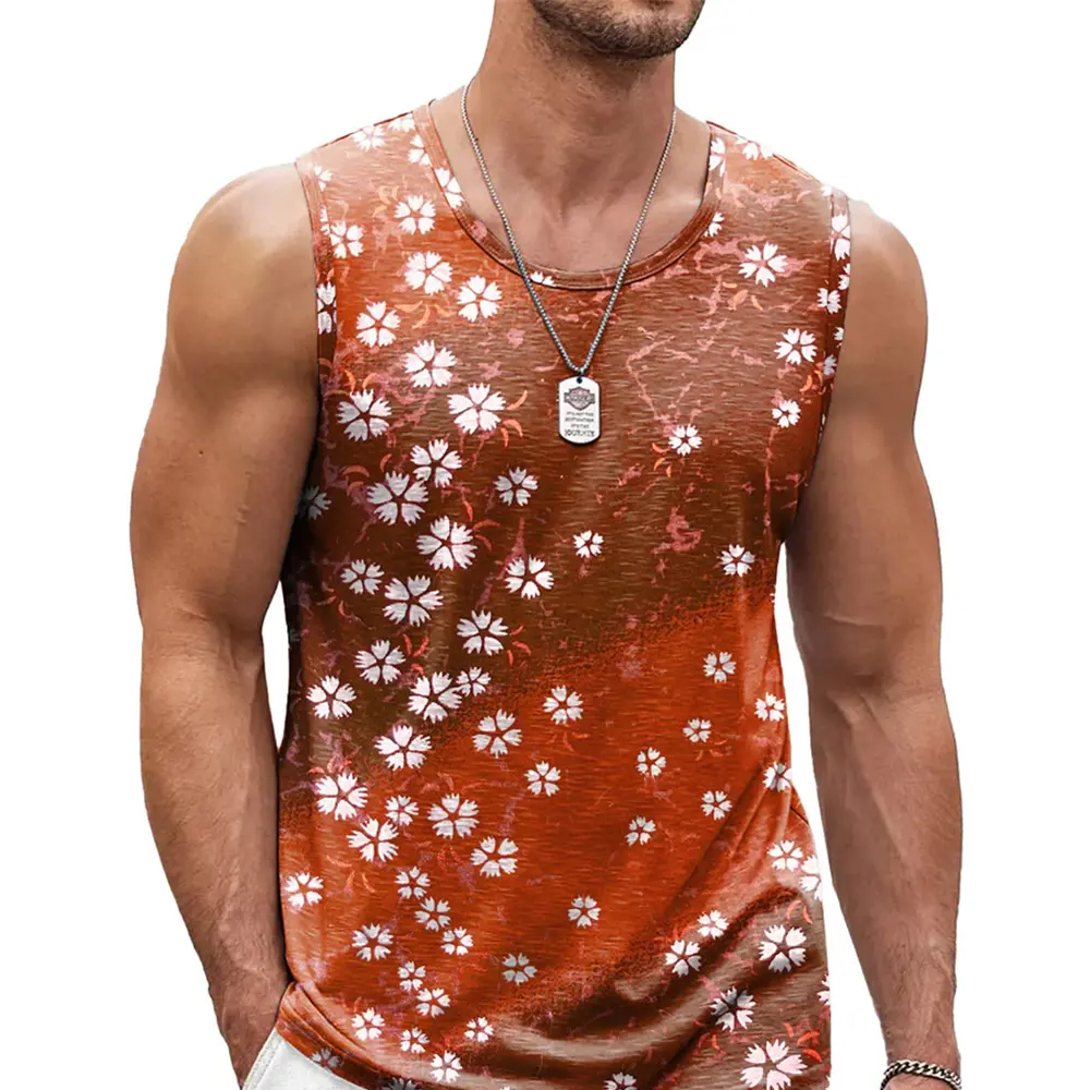 Men Retro Floral Tank Top Casual Streetwear Crew Neck Sleeveless Vest Trend