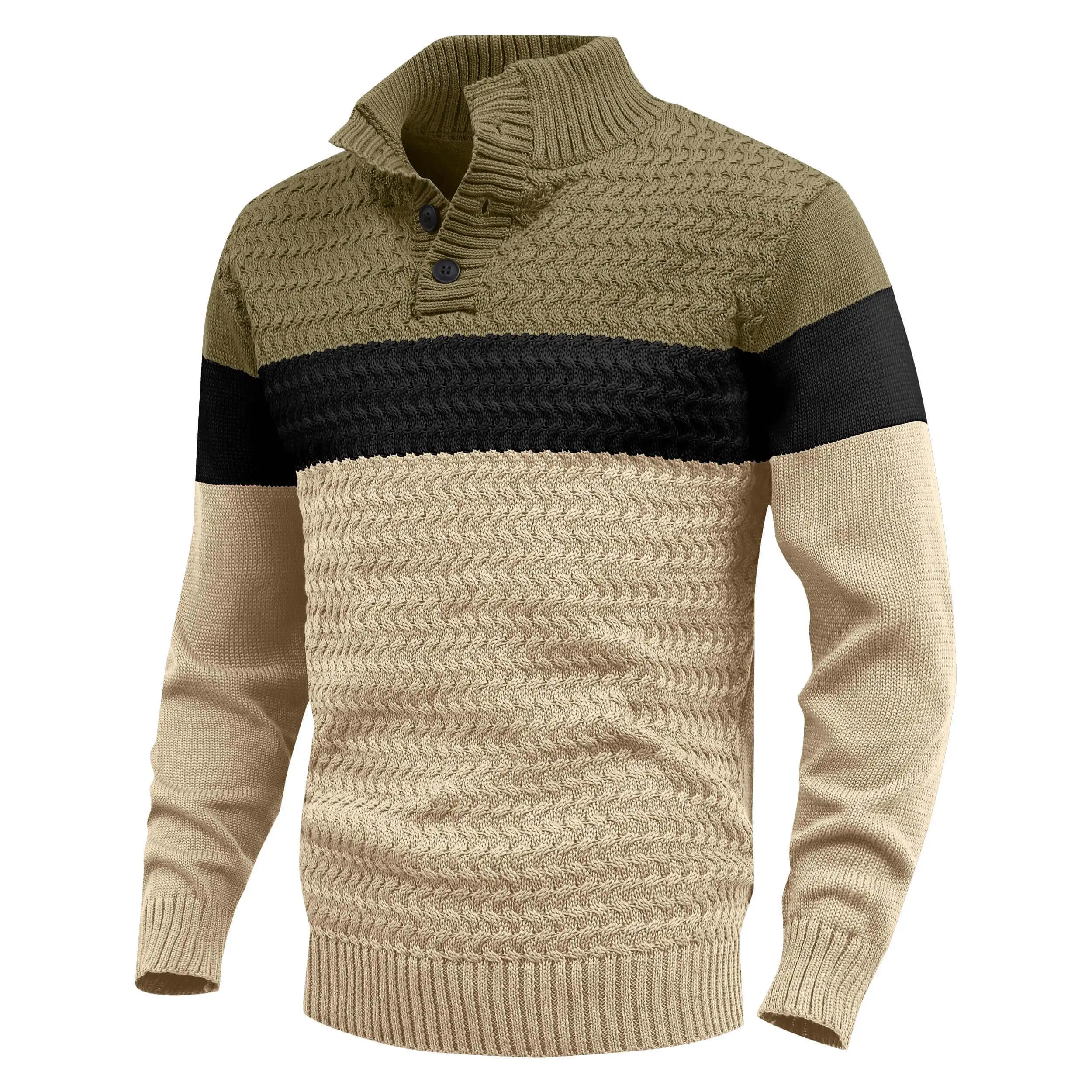 Men's Tri-Button Pullover Sweater Mock Neck Lightweight Casual Fashion Knitted Sweater