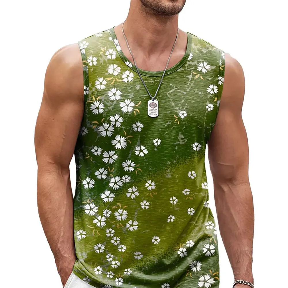 Men Retro Floral Tank Top Casual Streetwear Crew N...