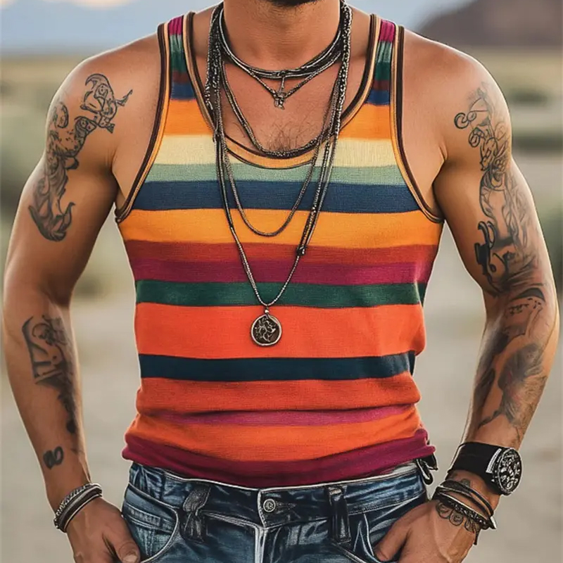 Retro Striped Graphic Tank Tops For Men Casual Daily Wear Simple Fashion