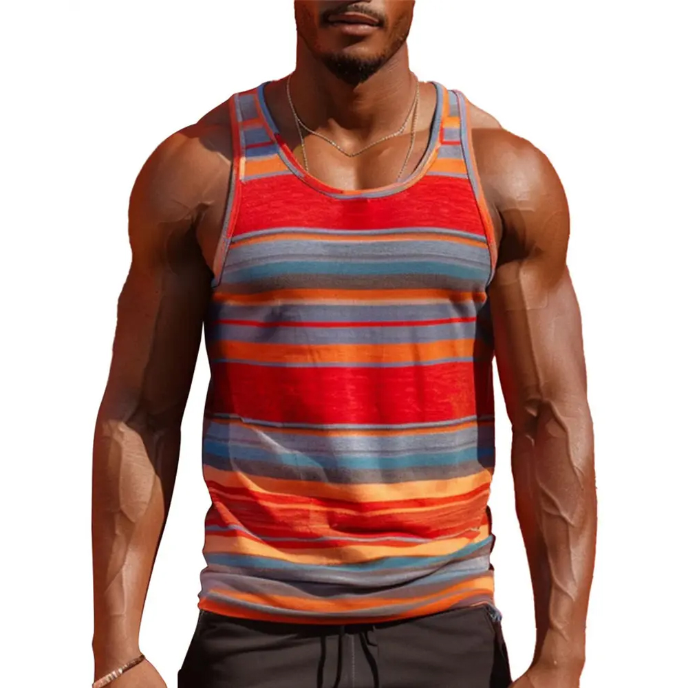 Color Splicing Tank Tops For Men Colorful Stripes Pattern Round Neck Vest Casual