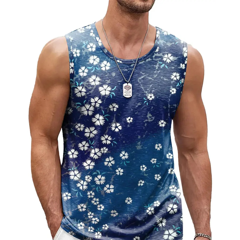 Men Retro Floral Tank Top Casual Streetwear Crew Neck Sleeveless Vest Trend