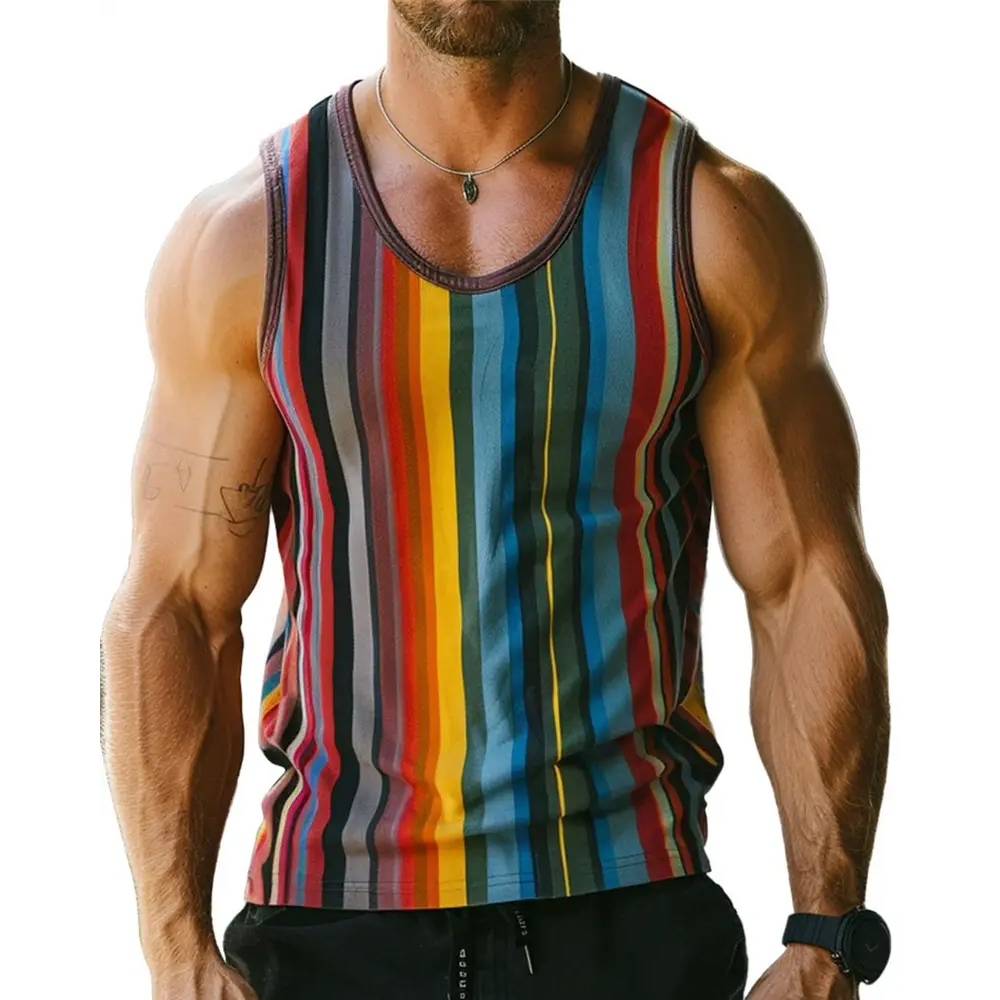 Color Splicing Tank Tops For Men Colorful Stripes Pattern Round Neck Vest Casual