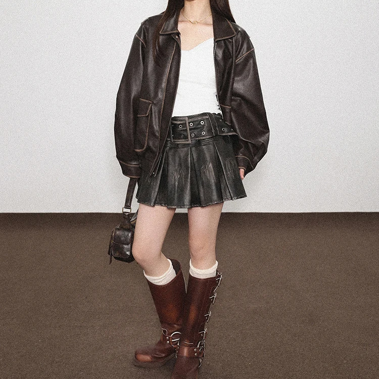 Cool Black Distressed Pleated Faux Leather Mini Sk...