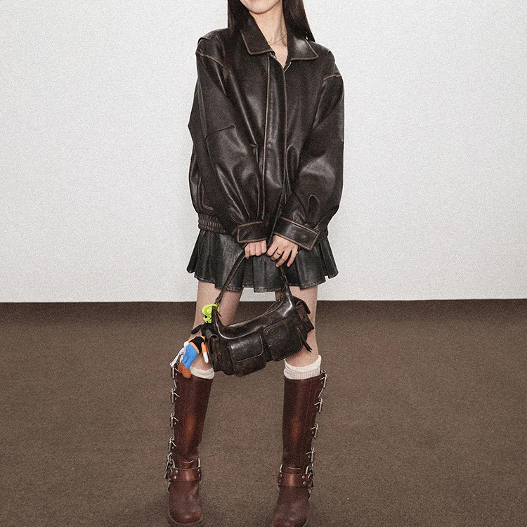 Cool Black Distressed Pleated Faux Leather Mini Skirt Women Belt Short PU Leather Skirts