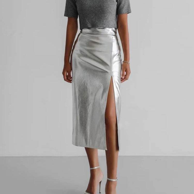 Shiny Silver PU Leather Skirt Women Front Slit High Waist