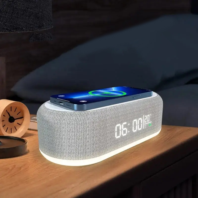 Alarm Clock Wireless Chargers Pad Phone Bedroom Lamp Night Light Desk Thermometer Fast Charging Dock
