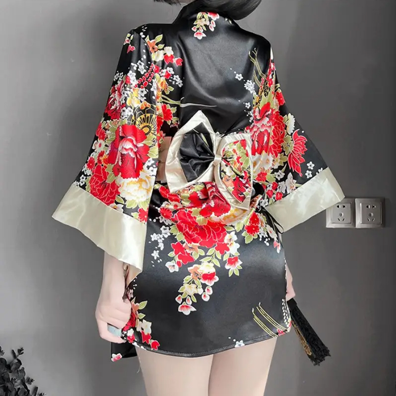 Japanese Kimono Women Bath Robe Sleepwear V-neck Flower Printed Bow Waist Shaping Mini Dress Loose Long Sleeve Night Gown