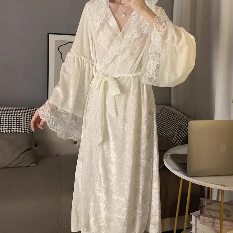 Female Sleepwear V-Neck Long Bathrobes Ladies Nightgown Soft Silk Dressing Gown Bathrobe For Women