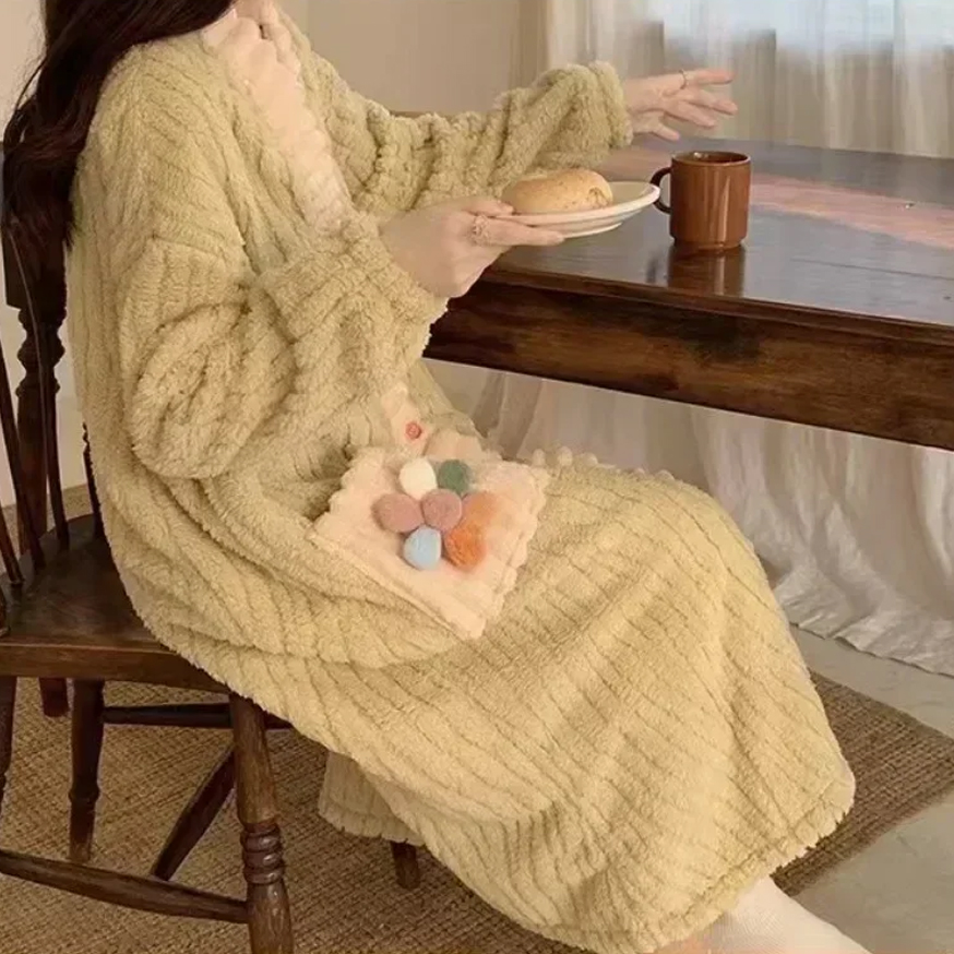 Nightgown Women Coral Fleece Keep Warm Sweet Simple Casual Household Clothing Thickening Skin Friendly Pajama