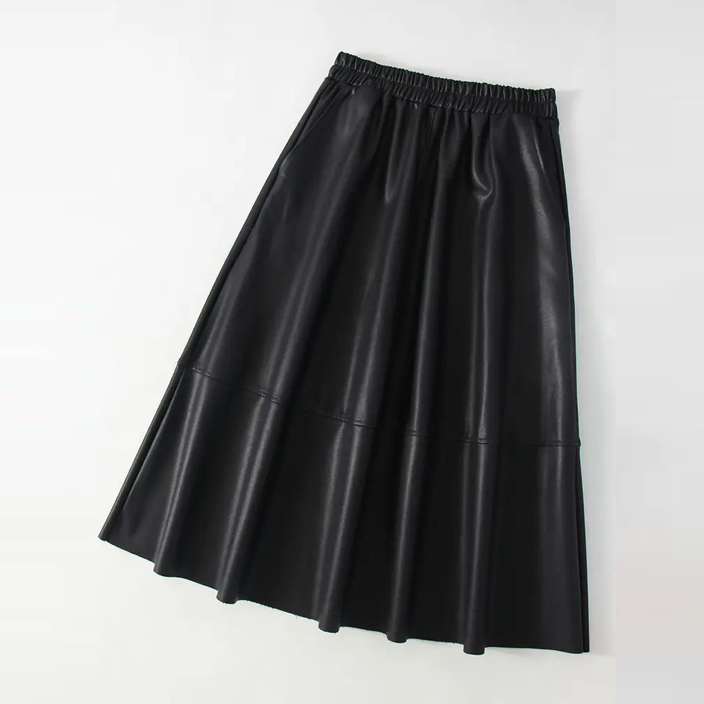 Midi Leather Skirts For Women Elastic Waist Long Skirts Women Leather With Pockets