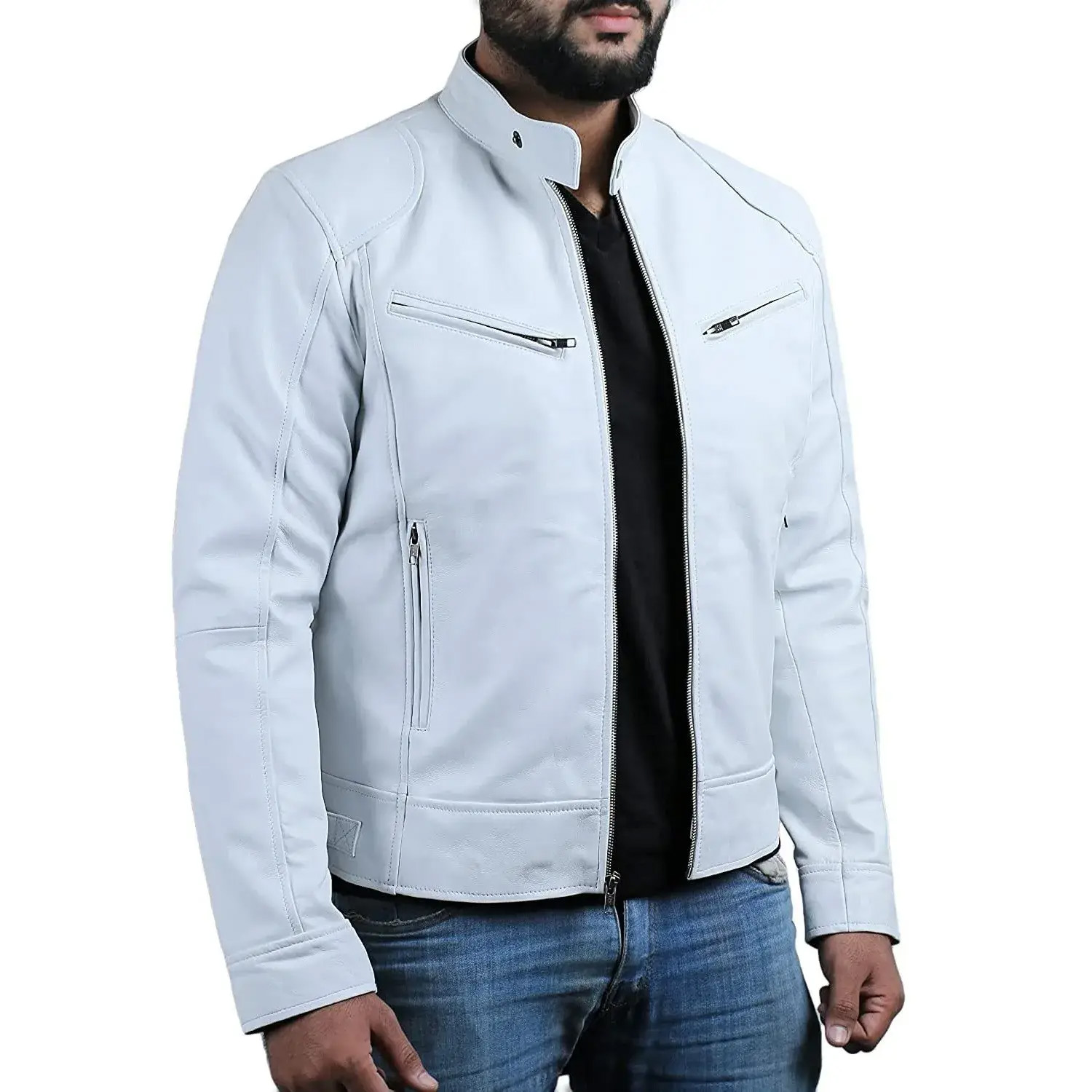 Men's Leather Coat Stand Collar Fashion Leather Jacket