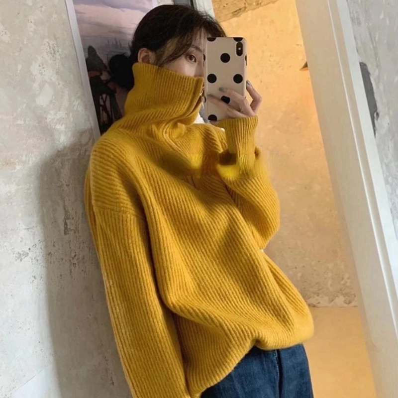 Women's Oversized Turtleneck Sweater Long Sleeve Solid Zipper Pullover Loose