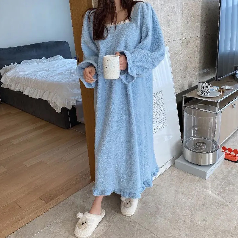 Nightdress Long Sleeve Nightgowns Women Loose Sleepwear Night Dress Thickened Warm Home Loungewear Pajamas