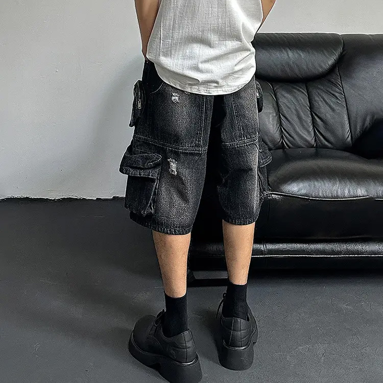 Men Cargo Pockets Denim Shorts Black Washed Destroyed Wide Leg Baggy Jeans