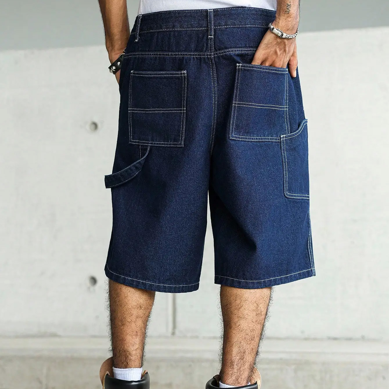 Men Loose-Fit Blue Denim Shorts Wide-Leg Style