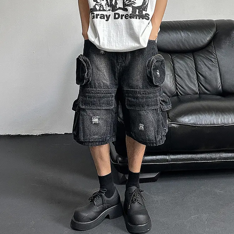 Men Cargo Pockets Denim Shorts Black Washed Destroyed Wide Leg Baggy Jeans