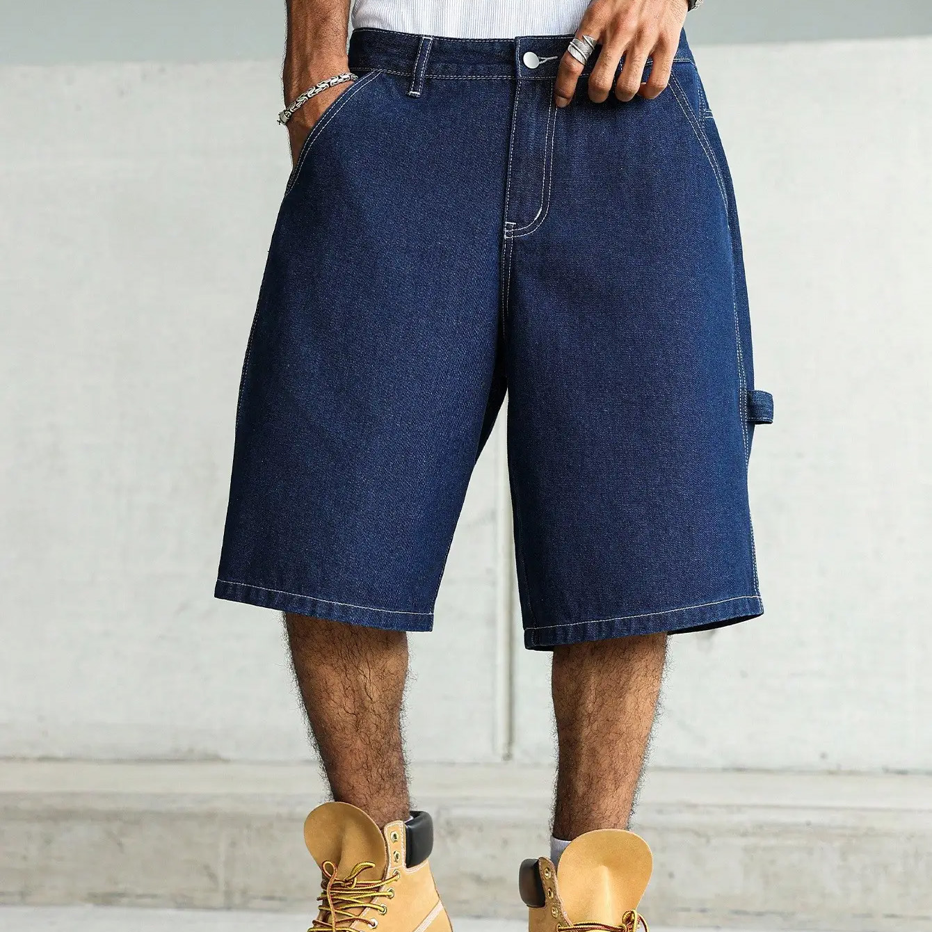 Men Loose-Fit Blue Denim Shorts Wide-Leg Style
