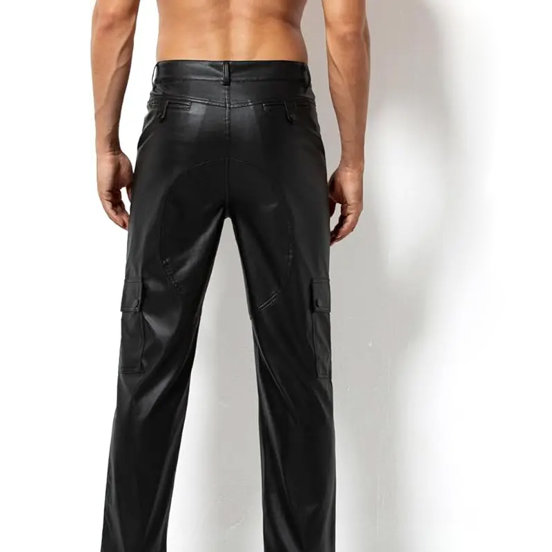 Men's Leather Pants Casual Straight Leg PU Leather Pant Multi Pockets