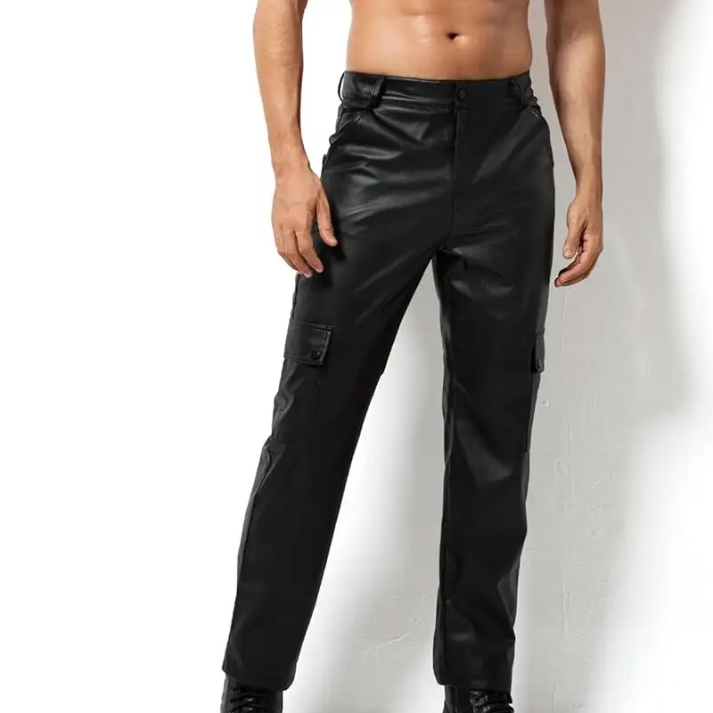 Men's Leather Pants Casual Straight Leg PU Leather...