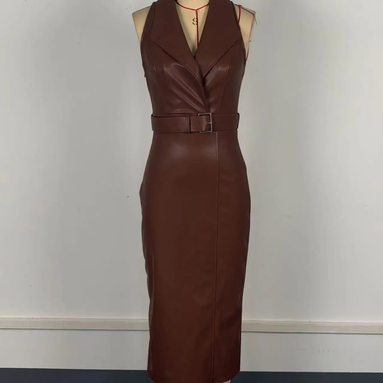 Temperament Women's PU Leather Dresses Solid Color Belt Package Hip Bodycon