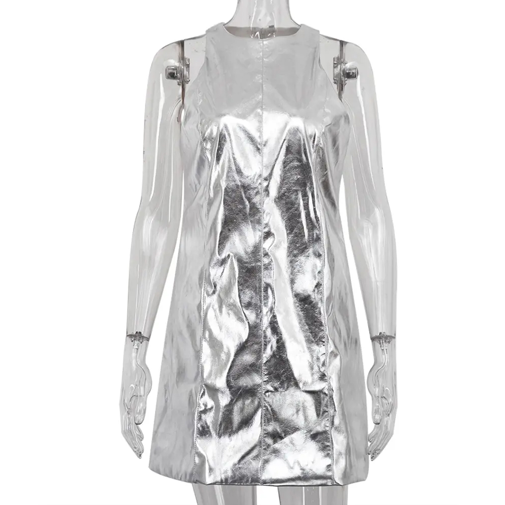 Sexy Slim Sliver PU Leather Dress Ladies Bodycon O-Neck Sleeveless Dress