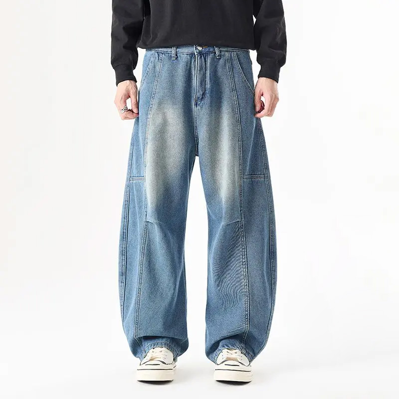 Men's Jeans Retro Loose Wide Leg Denim Pants Casual Splicing Design Trousers
