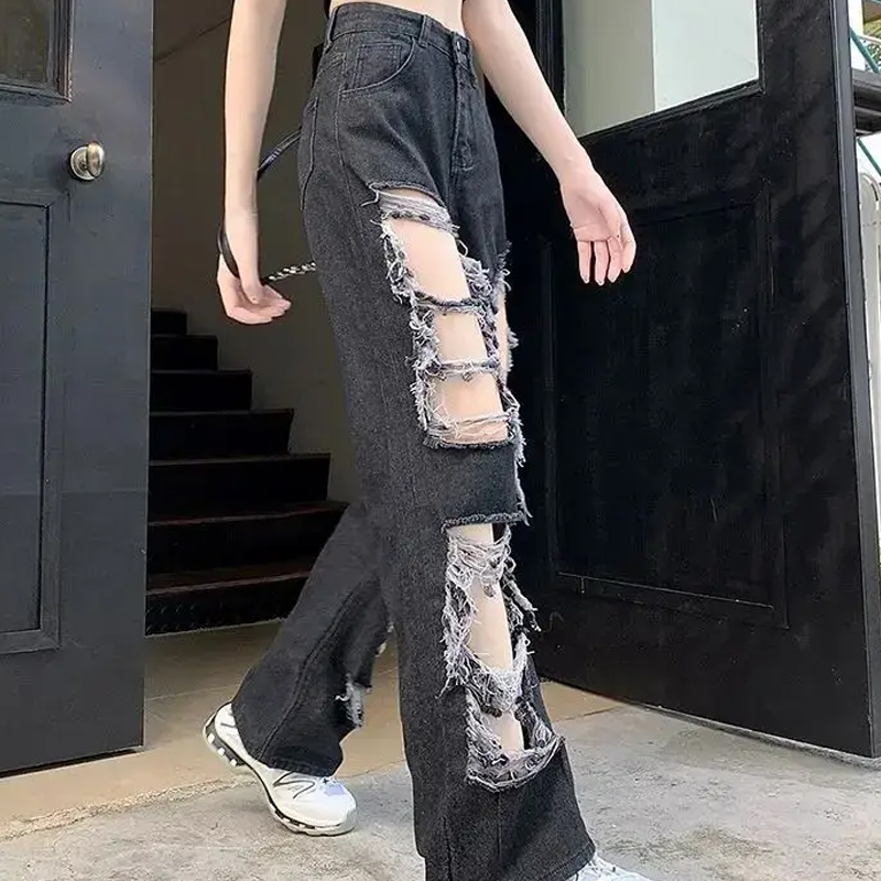 Ripped High-Waisted Straight-Leg Loose-Fitting Trousers