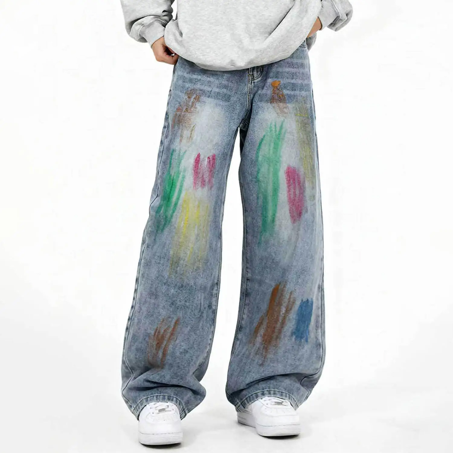 Men's Retro Painted Graffiti Baggy Straight Leg Jeans Loose Comfortable Casual Denim Pants
