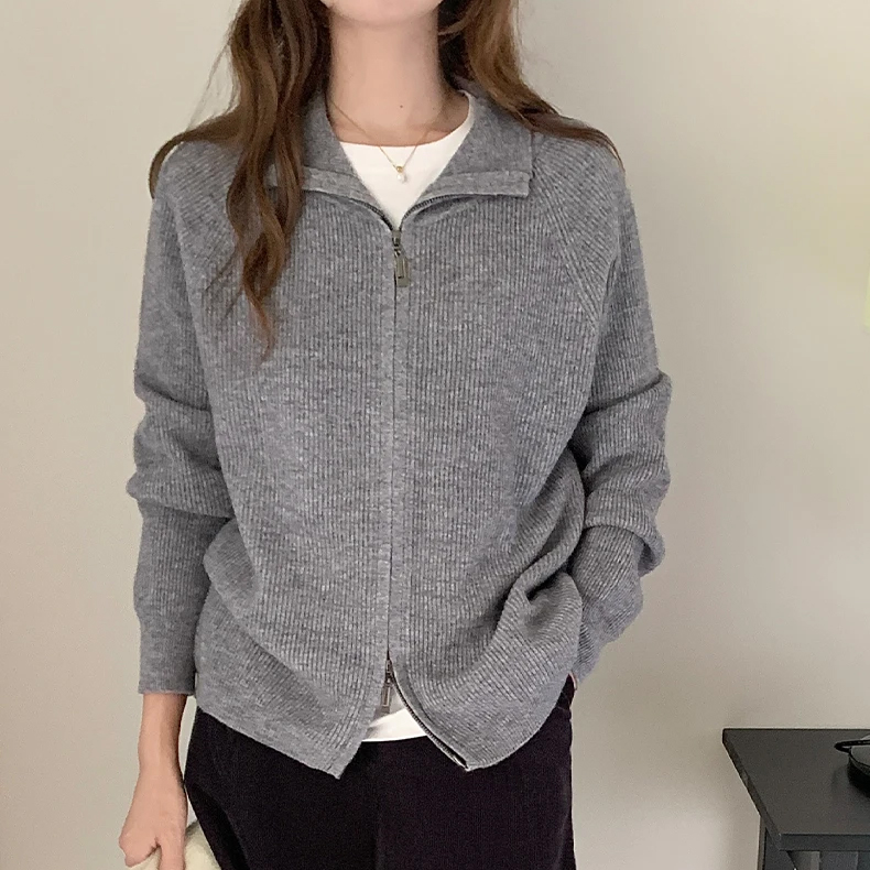 Women's 100% Wool Cardigans with Zips Solid Knitted Tops Thick Sweaters